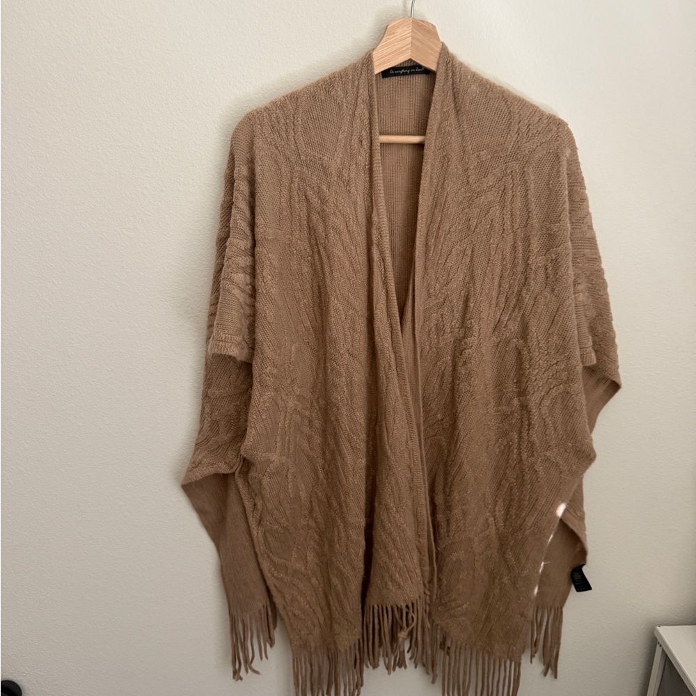 Cozy Tan Knit Shawl with Fringe
